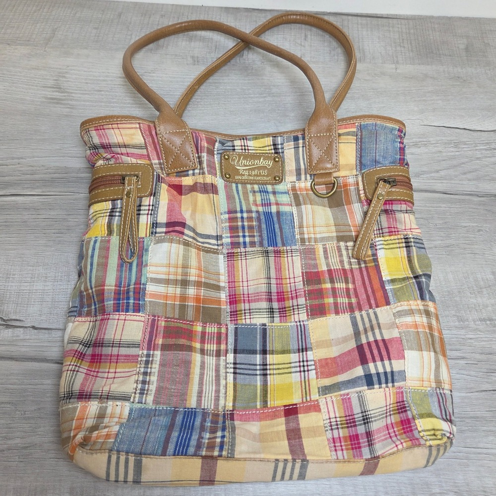 UNIONBAY Madras Patch Tote Bag in Multicolor with Tan Handles Vibrant Preppy